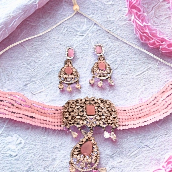 Indian Pakistani Pink & Silver Jewelry Set Statement Choker Necklace & Earrings - Picture 1 of 9